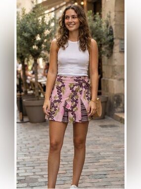 Pink Floral Mini Skirt with Wrap Tie